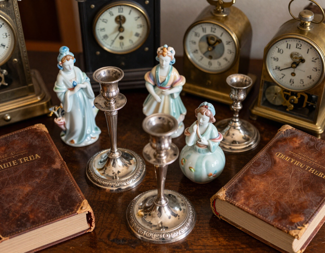 Antique dealer table with silver candlesticks and porcelain figurines