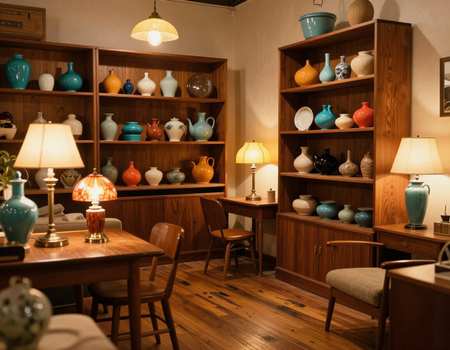 Vintage shop interior with mid-century furniture and retro decor