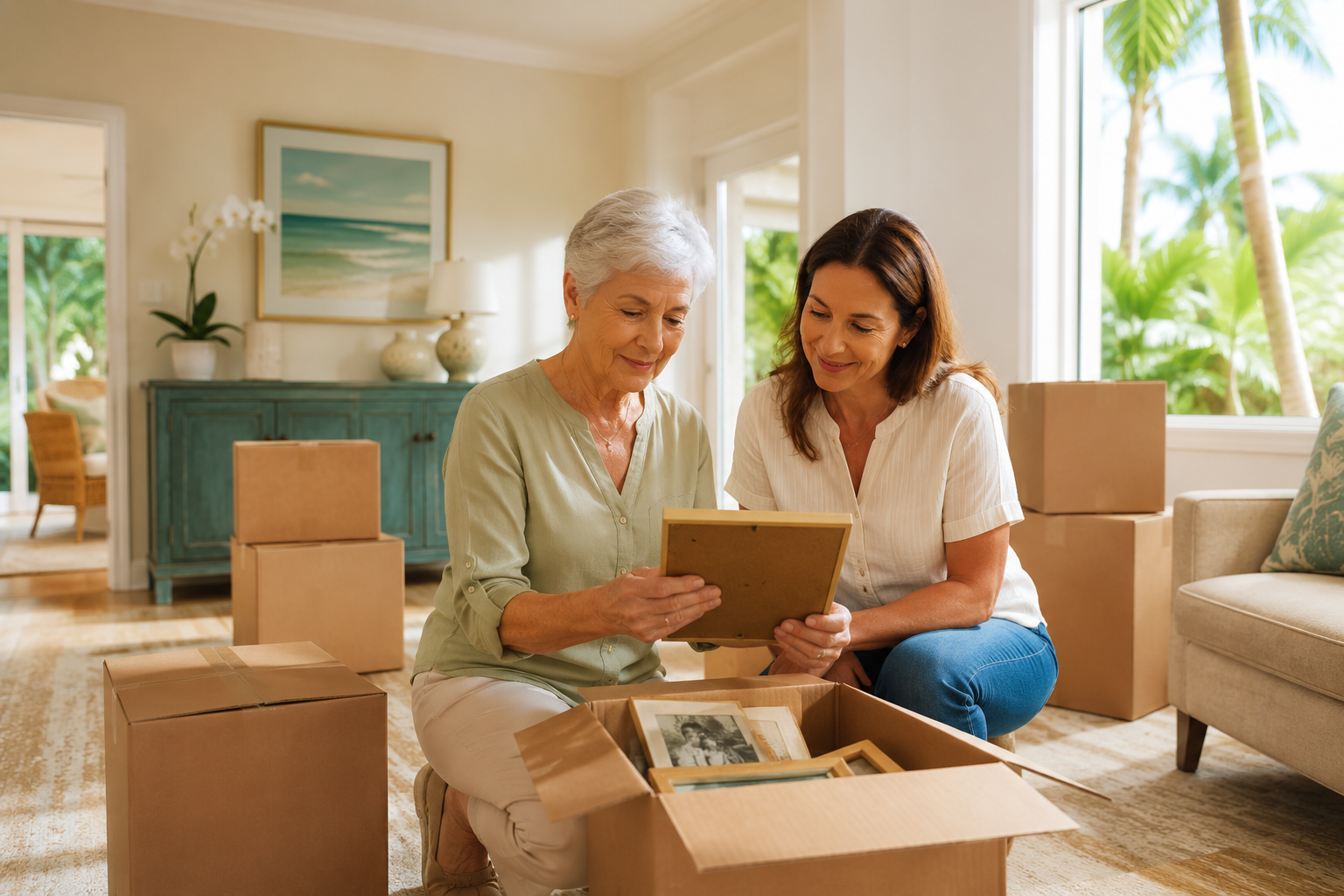 Two women looking at a framed photo while surrounded by moving boxes during a South Florida estate cleanout