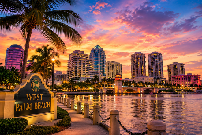 West Palm Beach waterfront at sunset