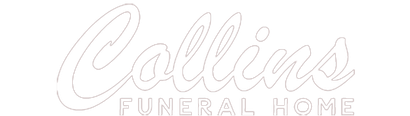 Collins Funeral Home logo. White cursive text on a transparent background.