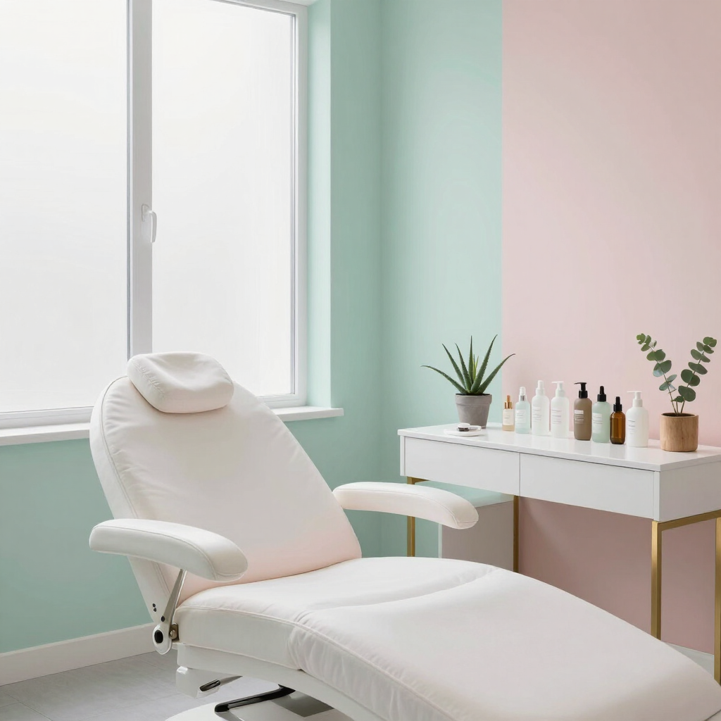 Sala de spa luminosa y minimalista con sillón de masaje blanco, pared color menta, ventana y tocador con plantas y botellas.