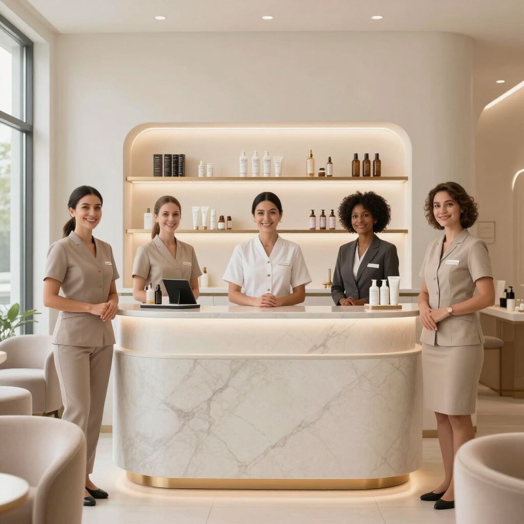 Mostrador de recepción del spa con cinco empleados con uniformes beige, en un interior luminoso y moderno.