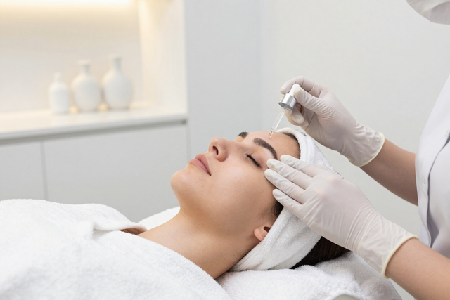 Tratamiento facial cosmético con manos enguantadas aplicando producto en el rostro de una mujer en un entorno de spa.