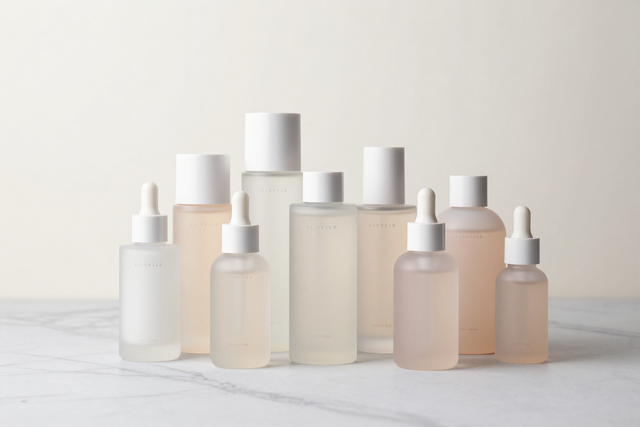 Frascos y tarros de cosméticos esmerilados de diversos tamaños con tapones plateados dispuestos sobre una superficie blanca.
