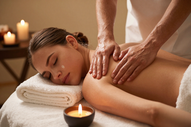 Masajista frotando la espalda de una mujer con velas en un ambiente de spa.