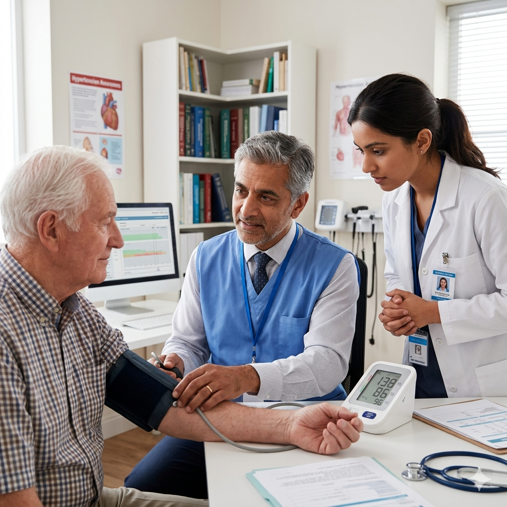 A healthcare professional and medical trainee check a patient's blood pressure with a monitor in a clinical office.