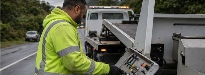 Towing operator using the winch console for flatbed vehicle recovery
