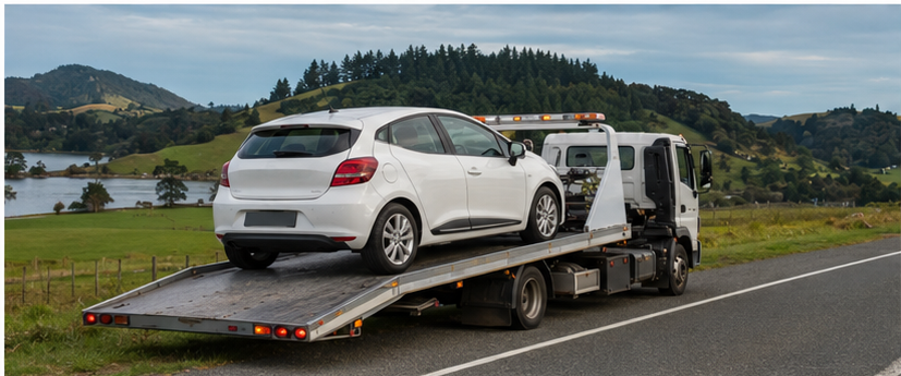 hatchback on flatbed truck ready for towing