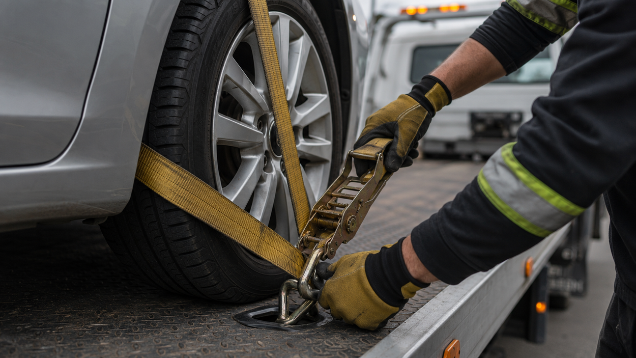 tie down on tow truck, emergency towing scene