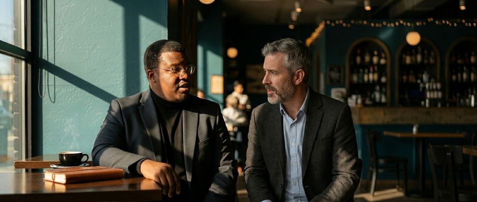 Two men talking at a table in a sunlit café or bar with shelves and windows behind them