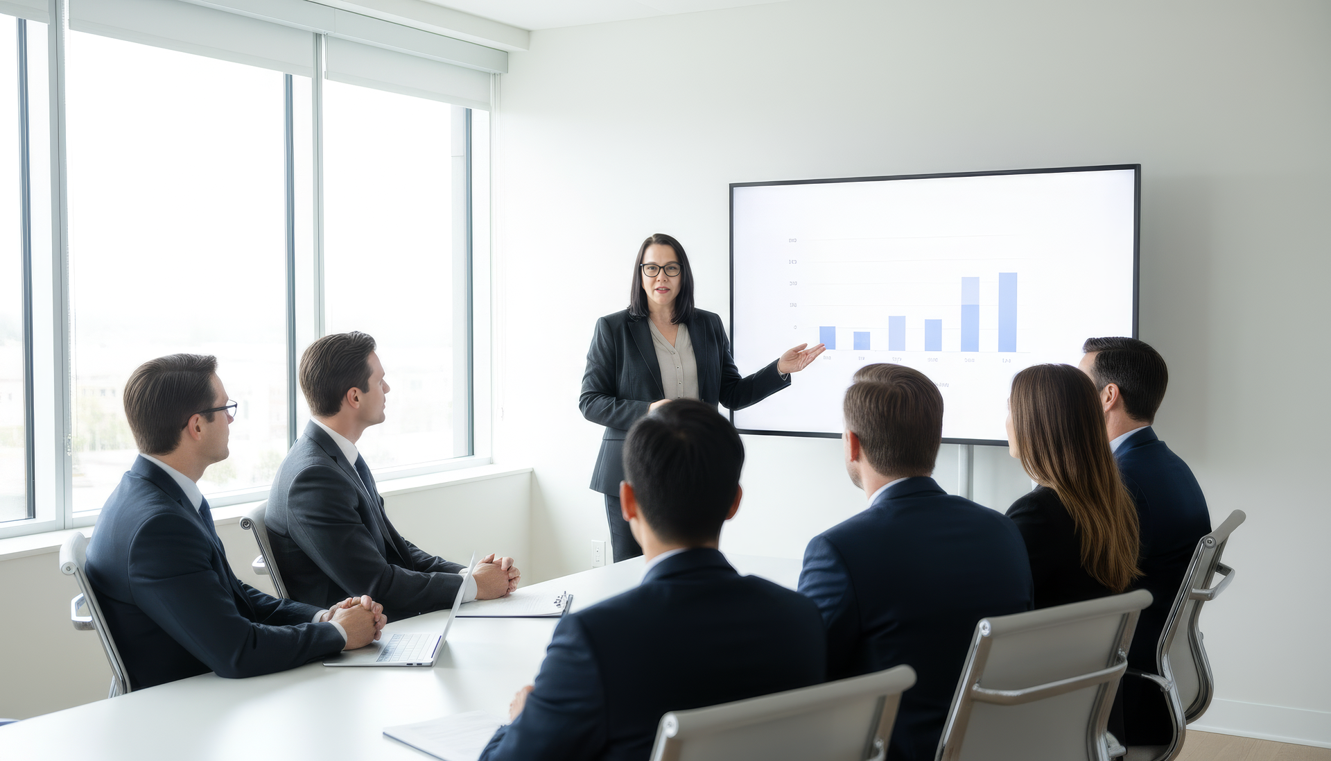 Business meeting in a bright conference room, presenter speaking beside a chart while colleagues watch attentively.