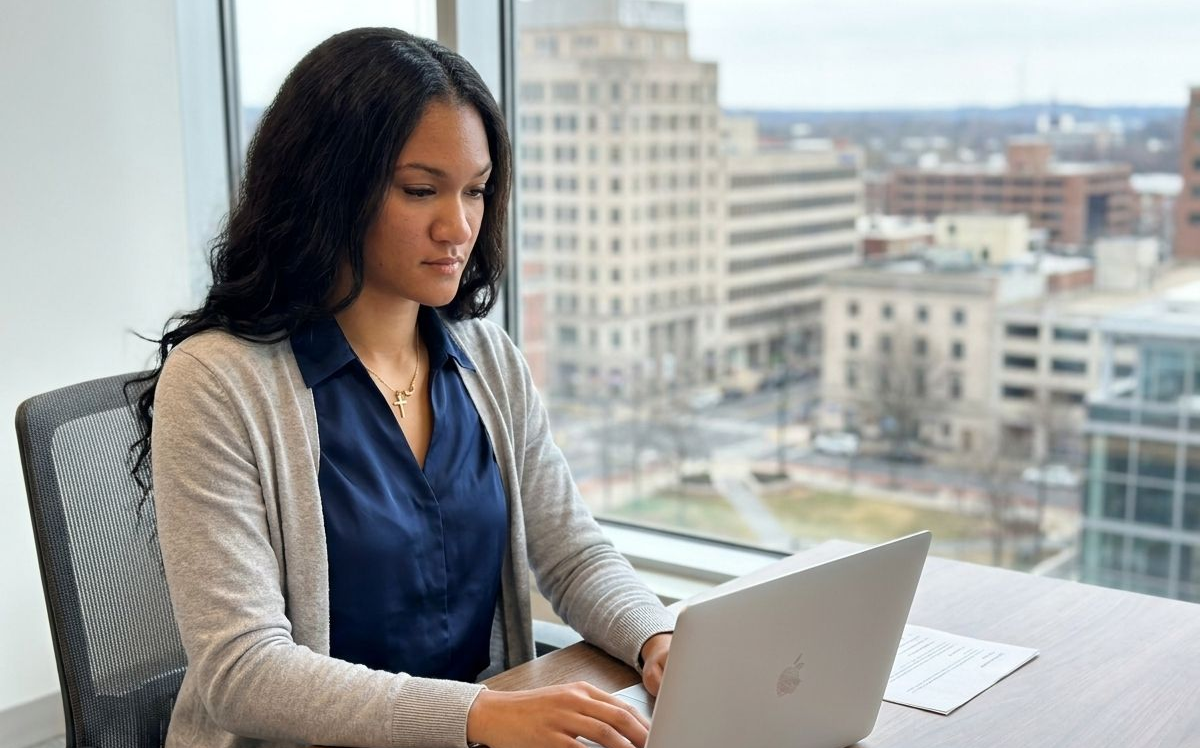 Woman working on a laptop by a window with a city view