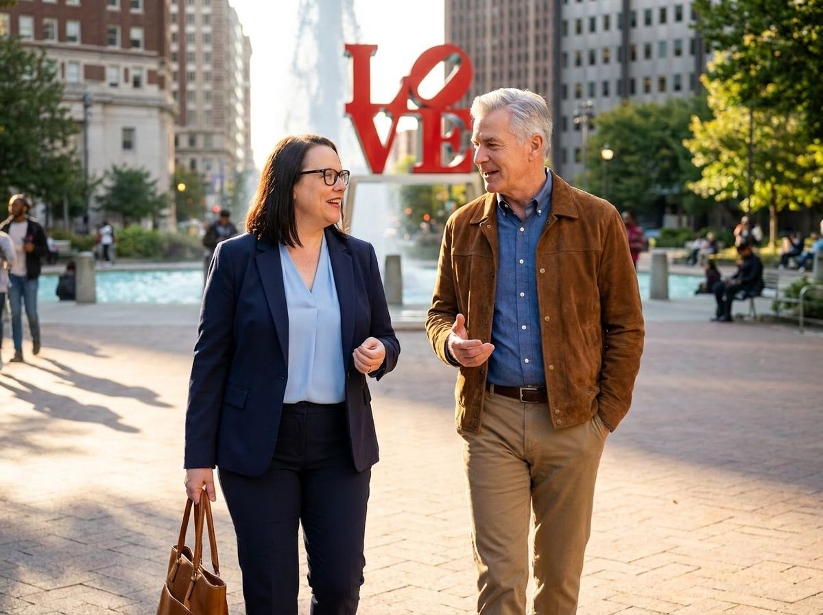 Two people walk and talk in a sunny city plaza beside a red