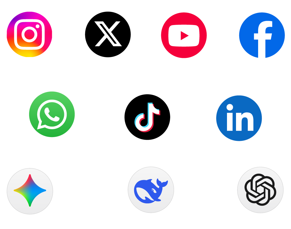 A grid of social media and AI app logos on a white background: Instagram, 