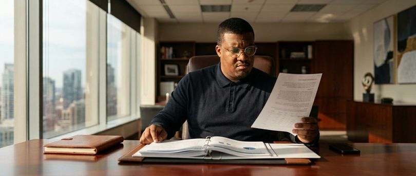 Person reading a document at a desk in a sunlit office with city view.