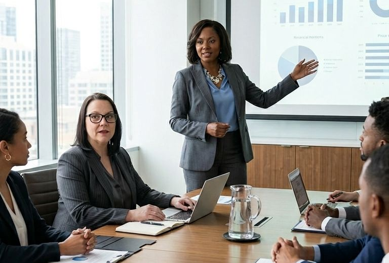 Business meeting with presenter pointing at chart, team seated around conference table with laptops and notebooks.
