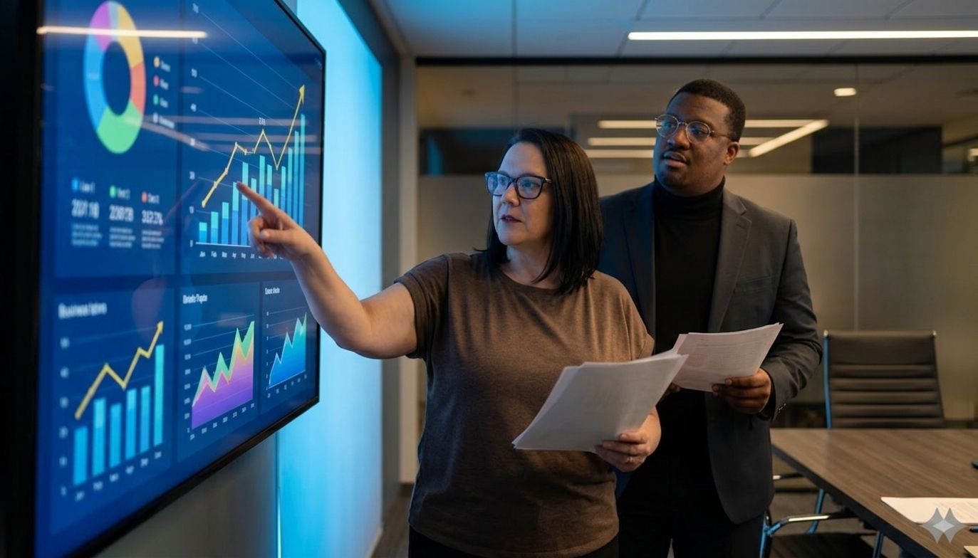 Two coworkers review a digital dashboard in a modern office, one pointing at analytics charts.