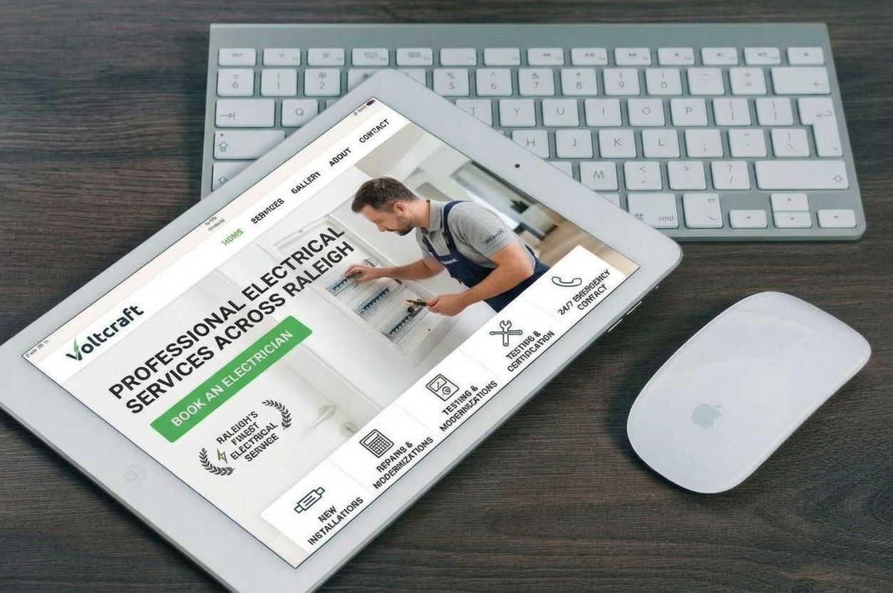 Electrician website design example on a tablet for an electrical contractor