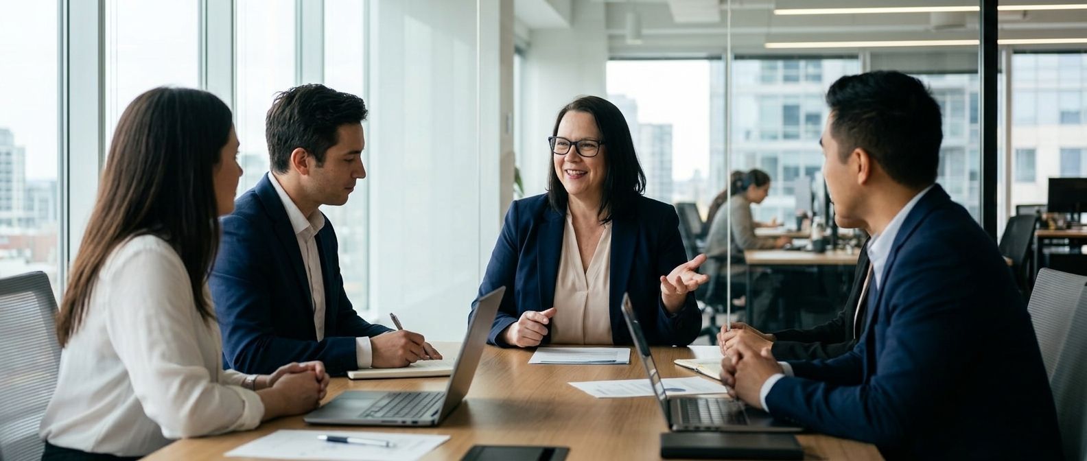 Business meeting with four colleagues seated around a conference table in a glass-walled office