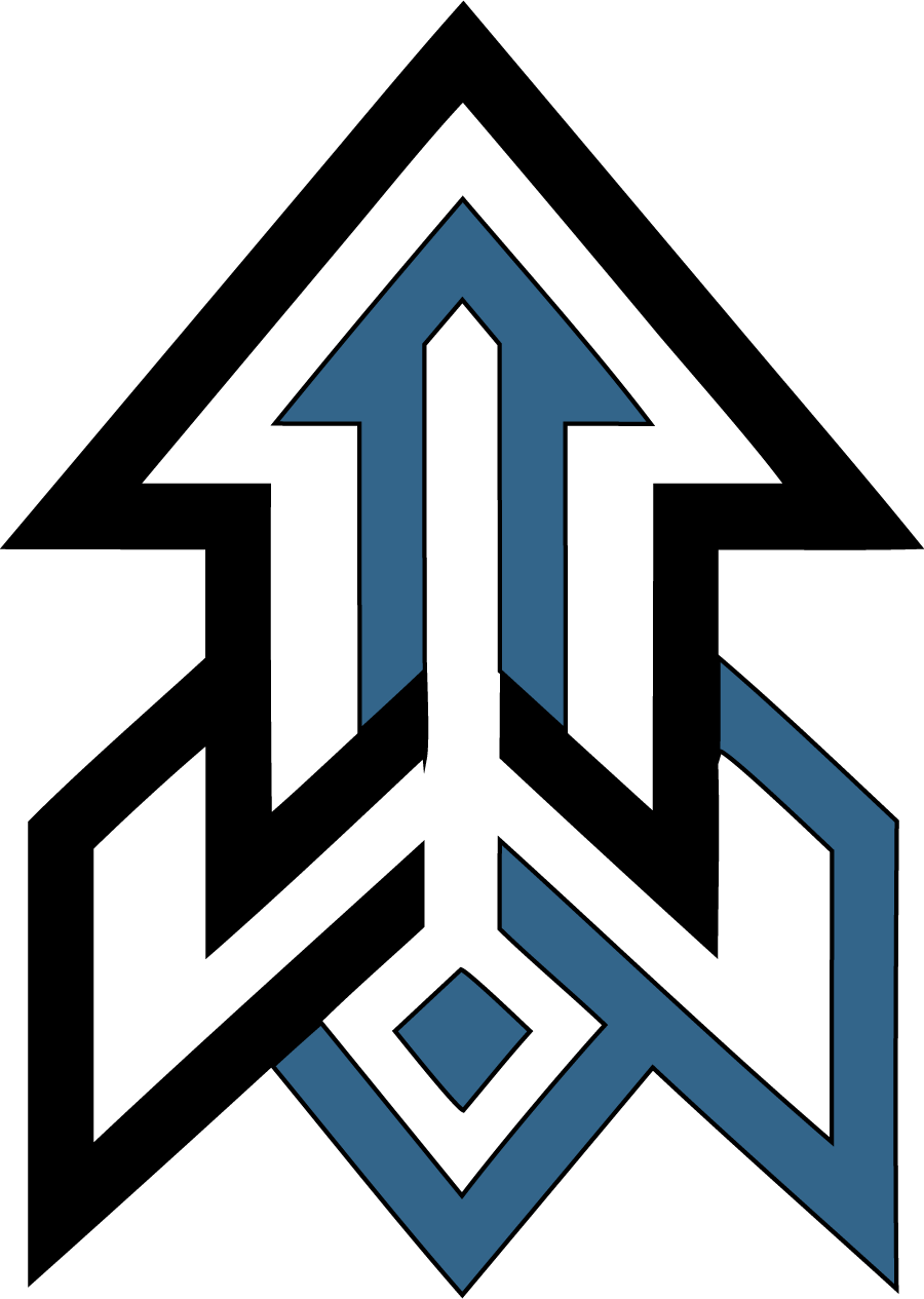 Abstract black, blue, and white geometric arrow logo pointing upward