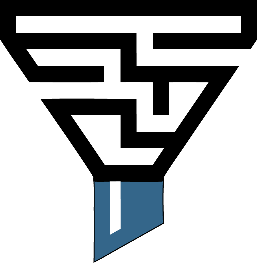 Black geometric emblem with an inverted triangular shape and a small blue tab at the bottom