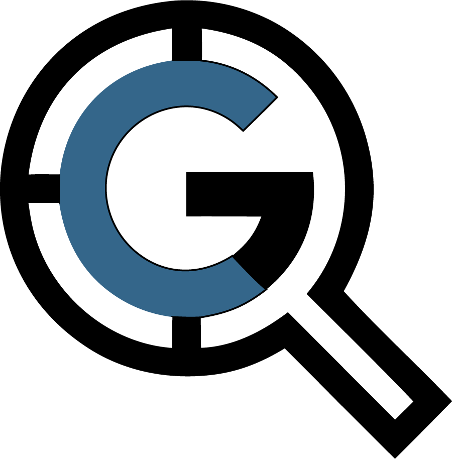 Blue and black magnifying glass logo with a stylized letter C inside