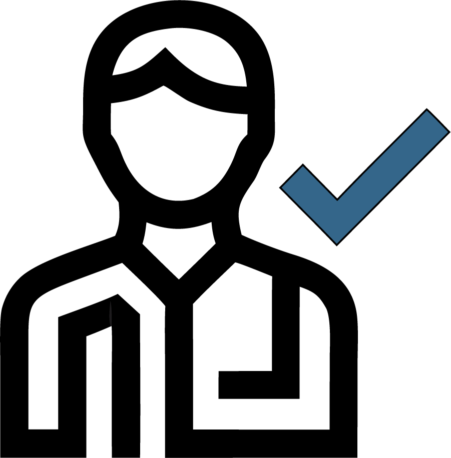 Black outlined person icon with a blue checkmark