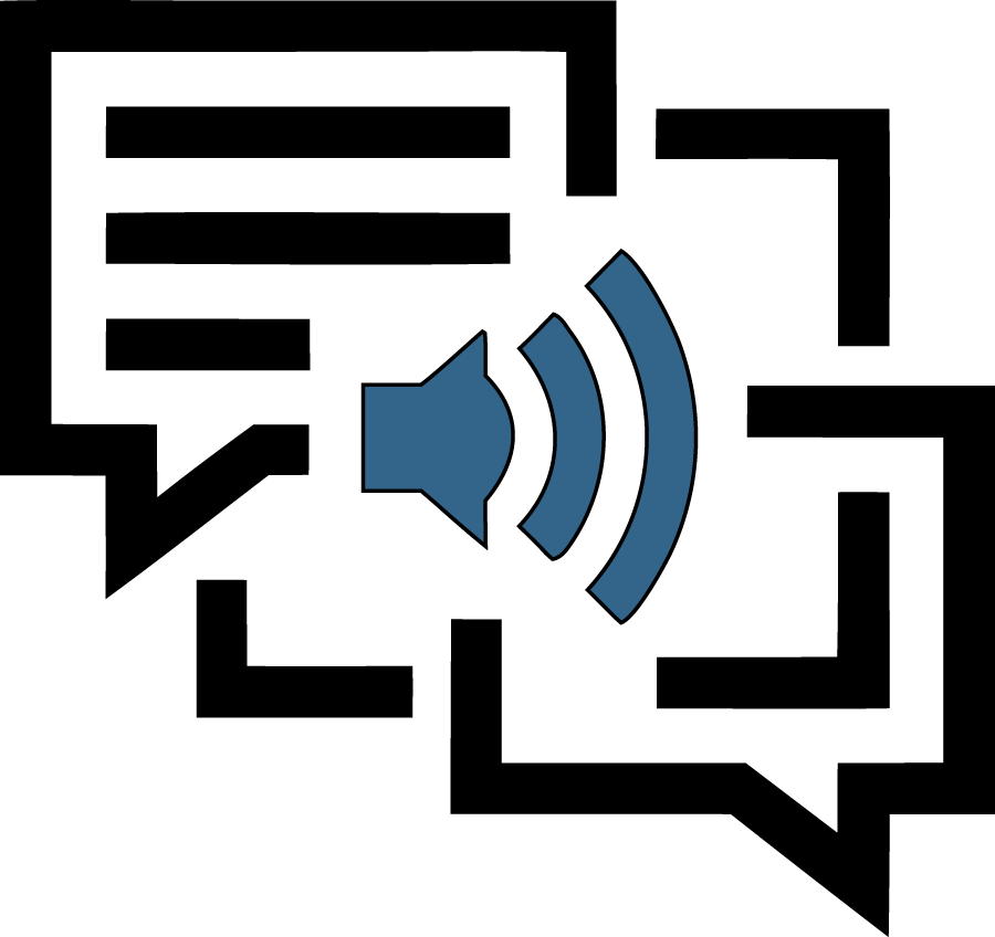 Black chat bubbles with a blue speaker and sound waves, suggesting text-to-speech or translation.