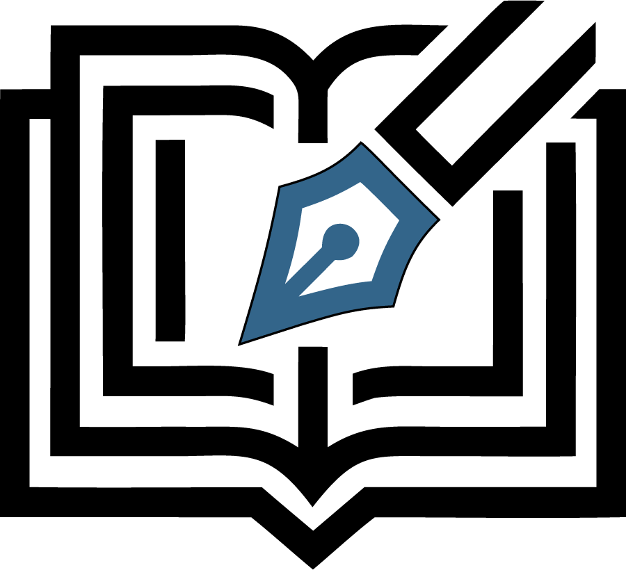 Open book with a blue pen nib icon in black and white