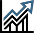 Blue upward arrow over black rising bar chart indicating growth or success