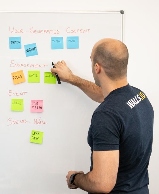 Man in navy shirt placing sticky notes on a whiteboard with headings for user-generated content and engagement