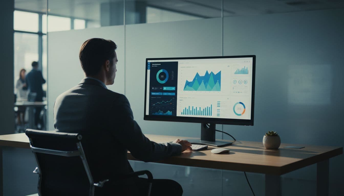 Person at desk viewing analytics dashboards on a computer in a modern office