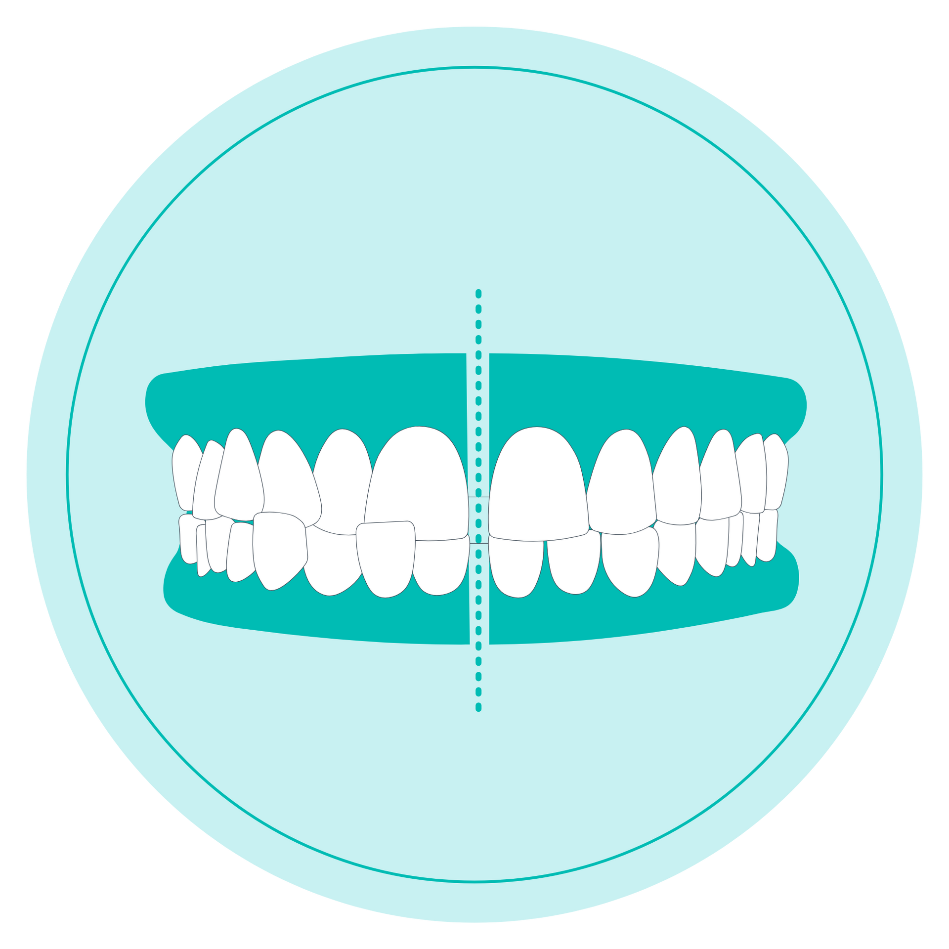 Stylized white teeth with teal braces centered on a light aqua circular background
