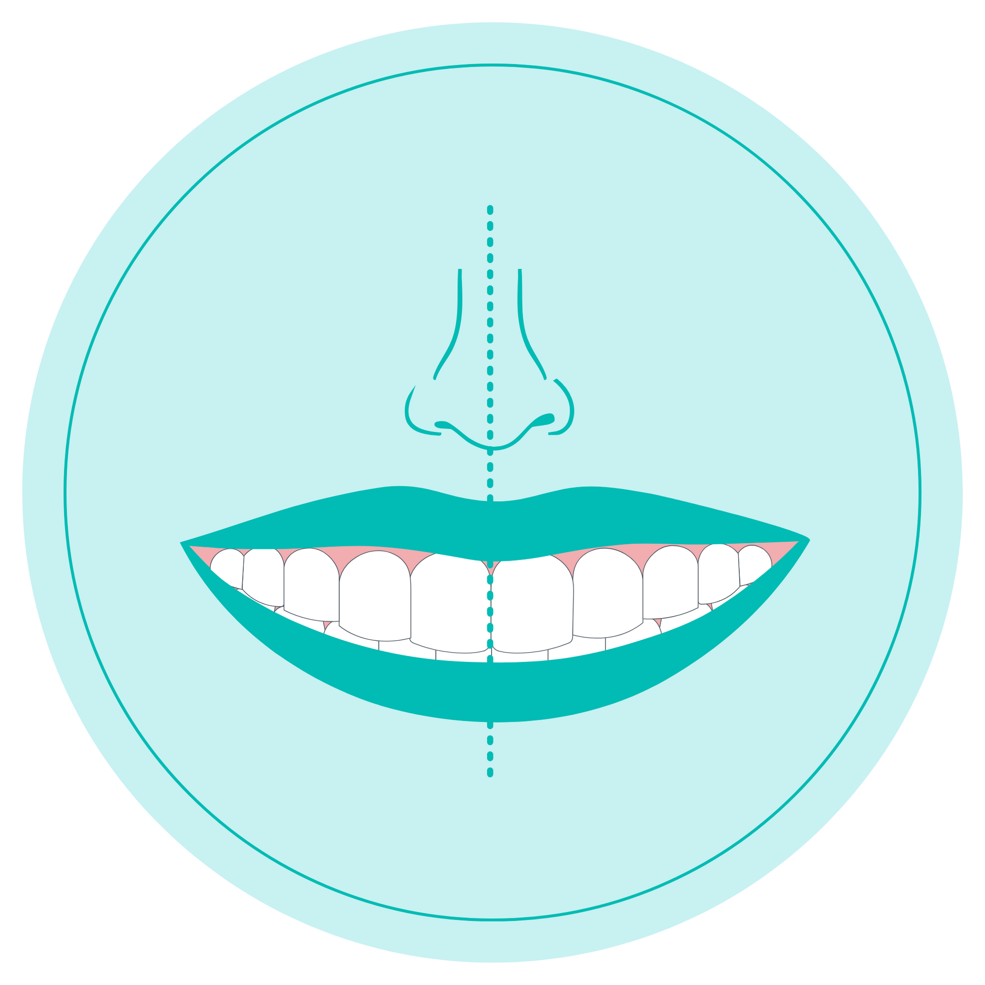 Minimalist turquoise smile logo with a nose and broad white teeth inside a circular border