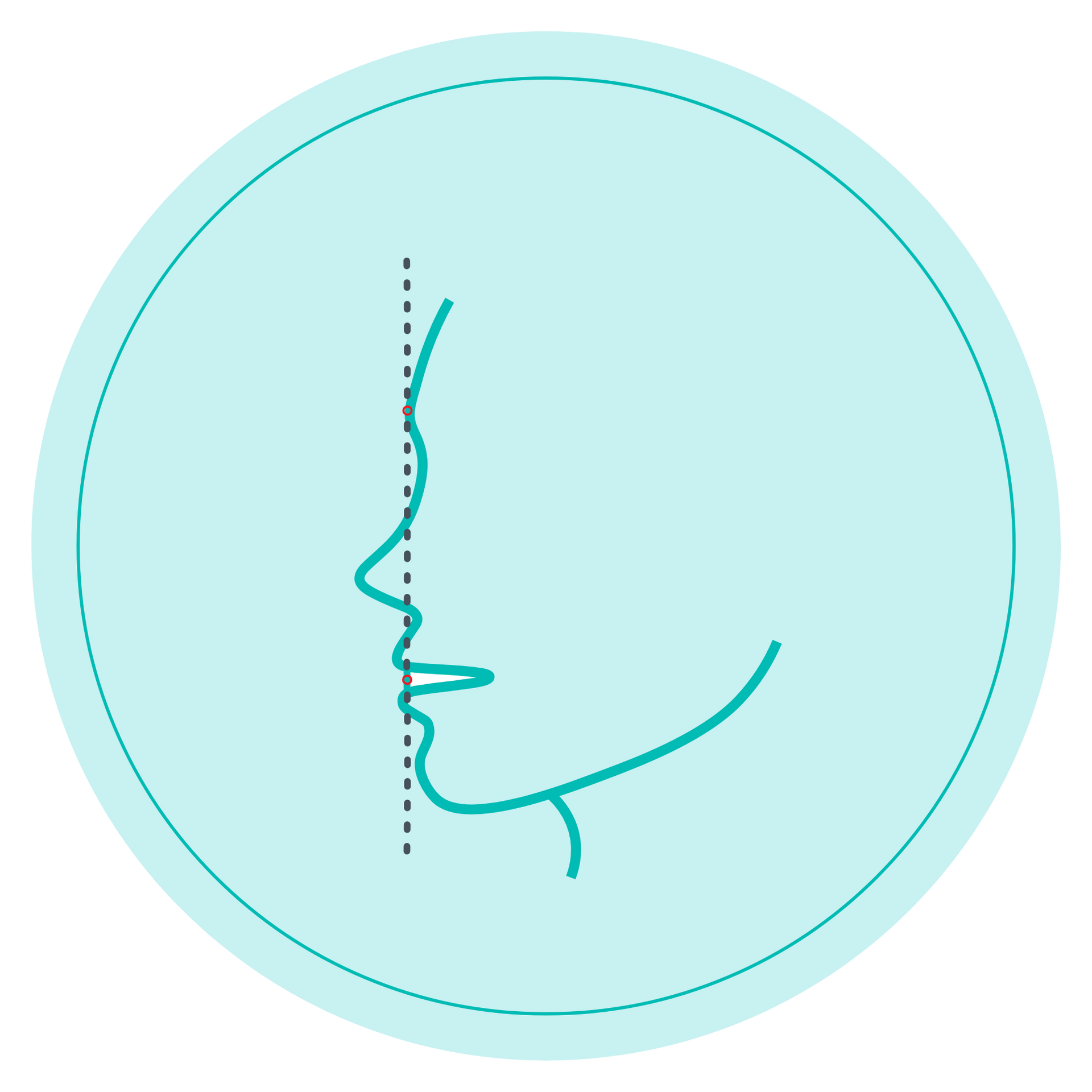 Minimal teal line drawing of a side-profile face inside a pale blue circle
