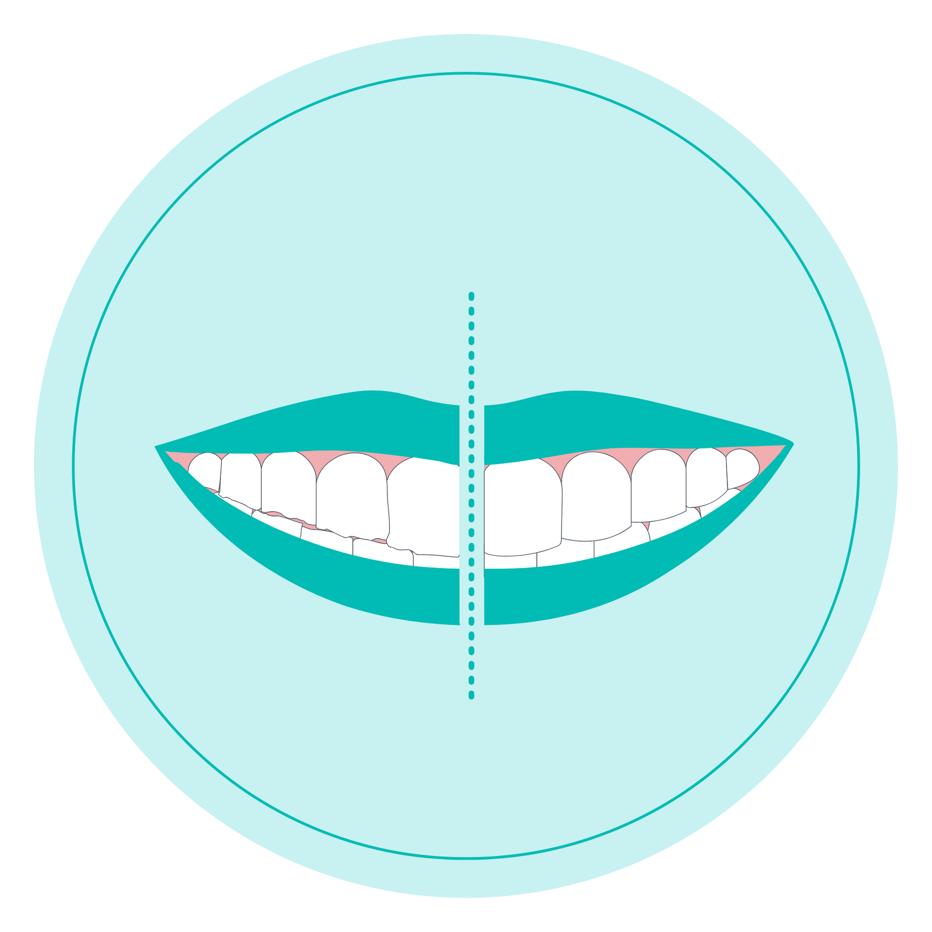 Illustration of a smiling mouth with white teeth and braces on a light blue circle background