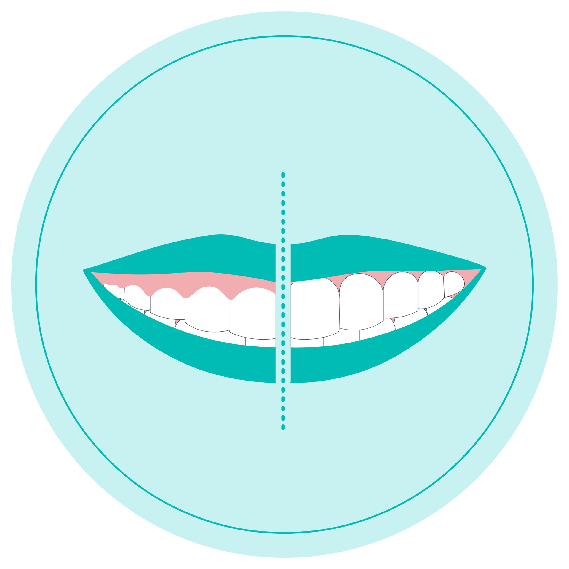 Stylized smiling mouth with white teeth and turquoise lips on a light blue circular background