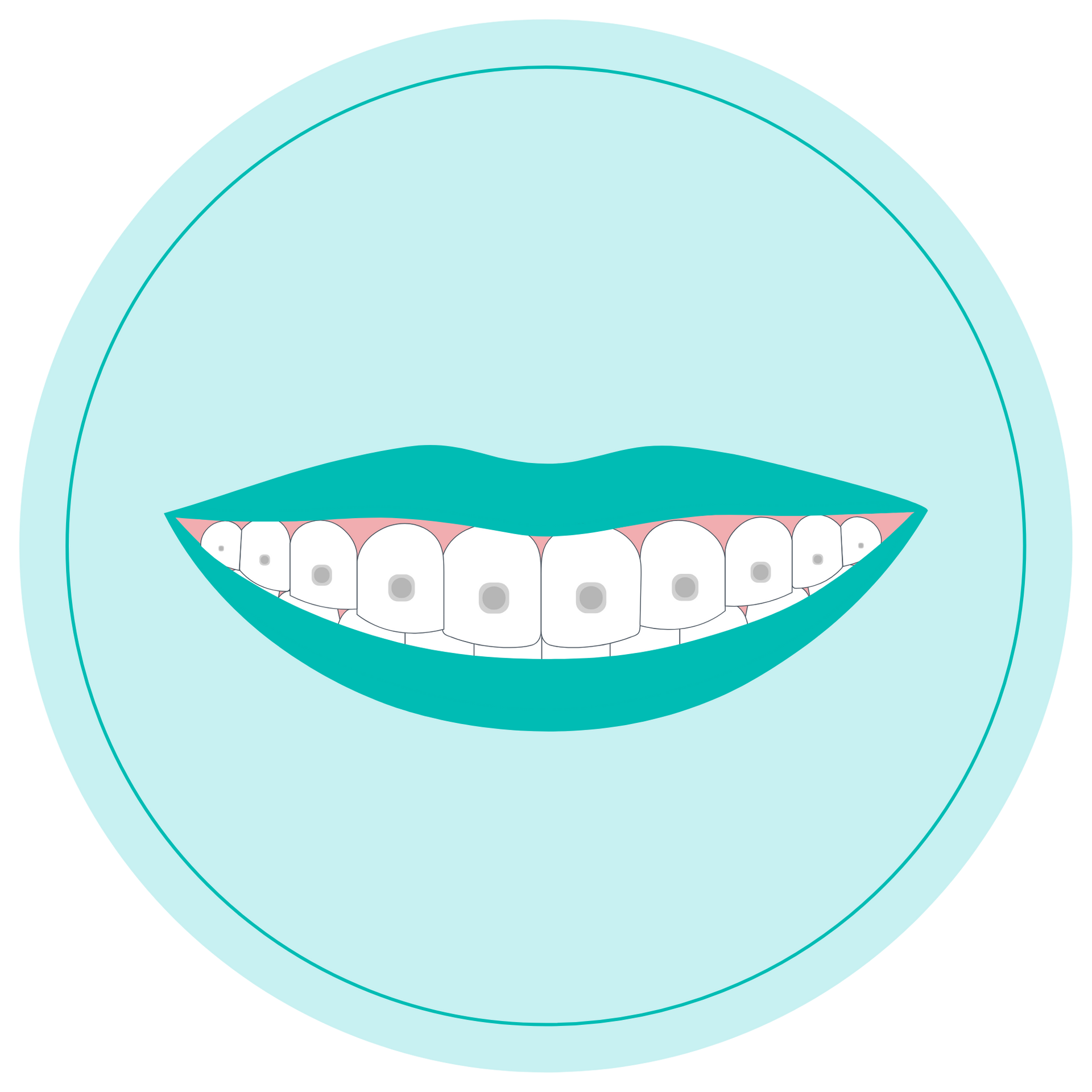 Stylized smiling mouth with braces on a light teal circular background