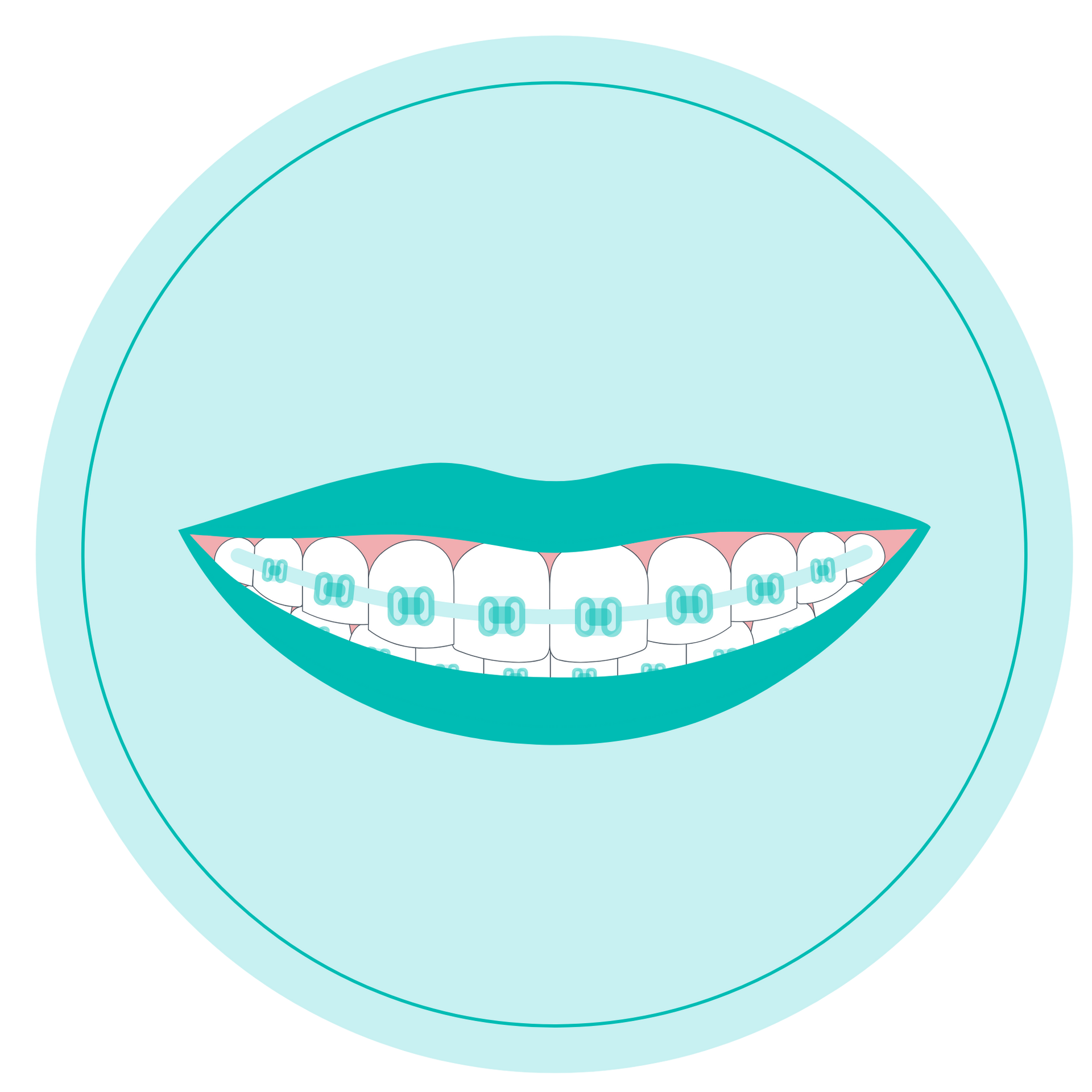 Illustration of a smiling mouth with braces on a light blue circular background