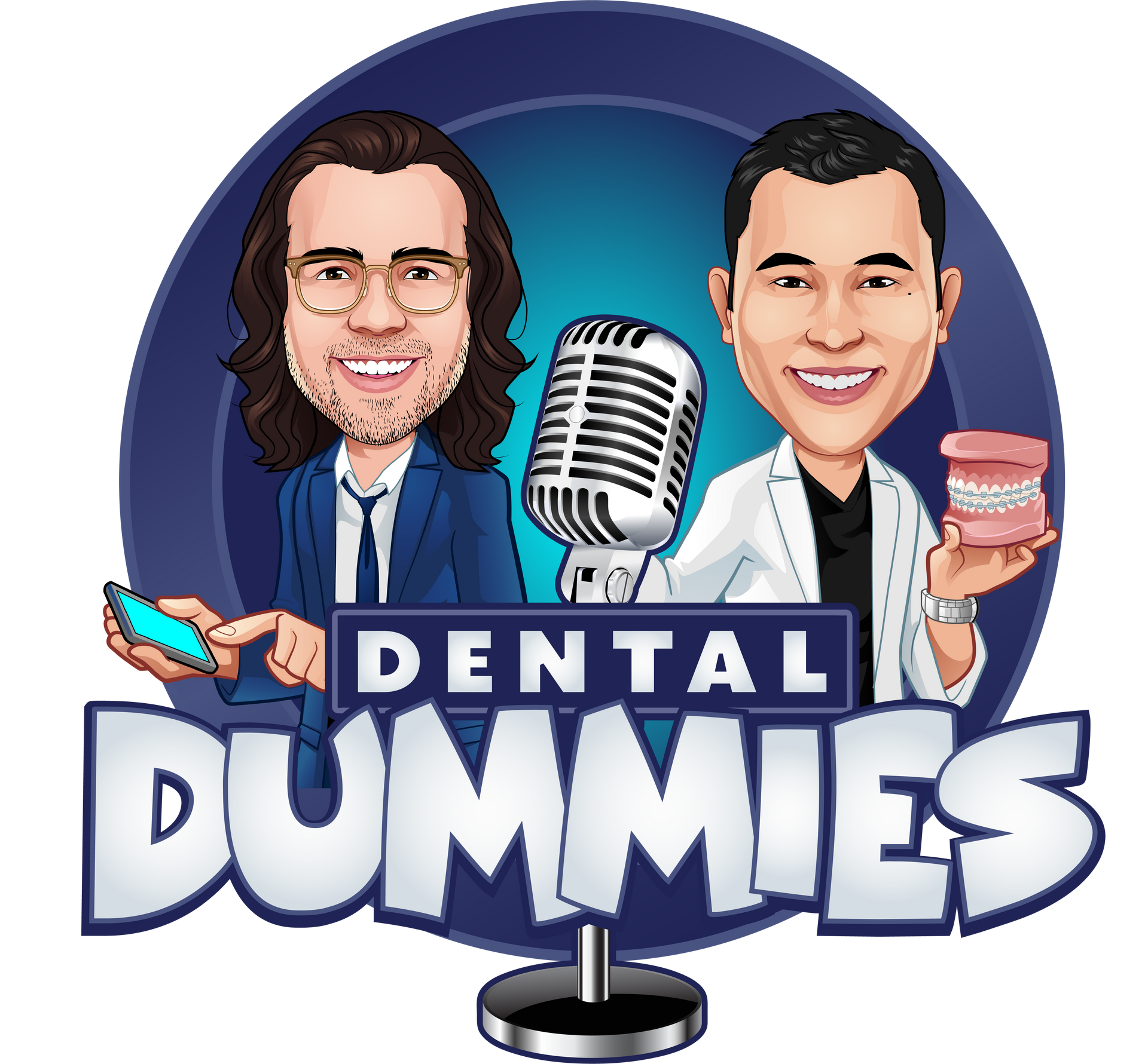 Dental Dummies podcast logo with two cartoon hosts, one holding a phone and one a dental model beside a microphone.