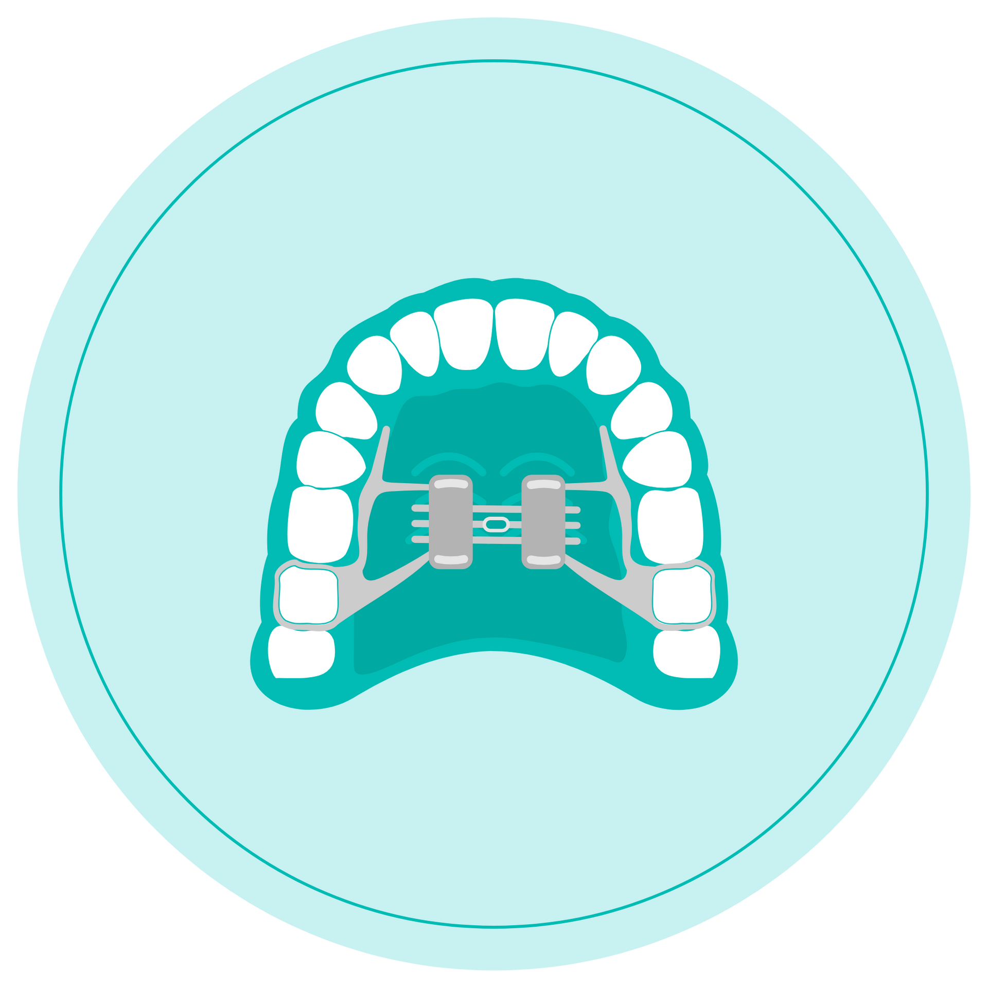 Dental braces icon on an upper jaw diagram in teal and white circle