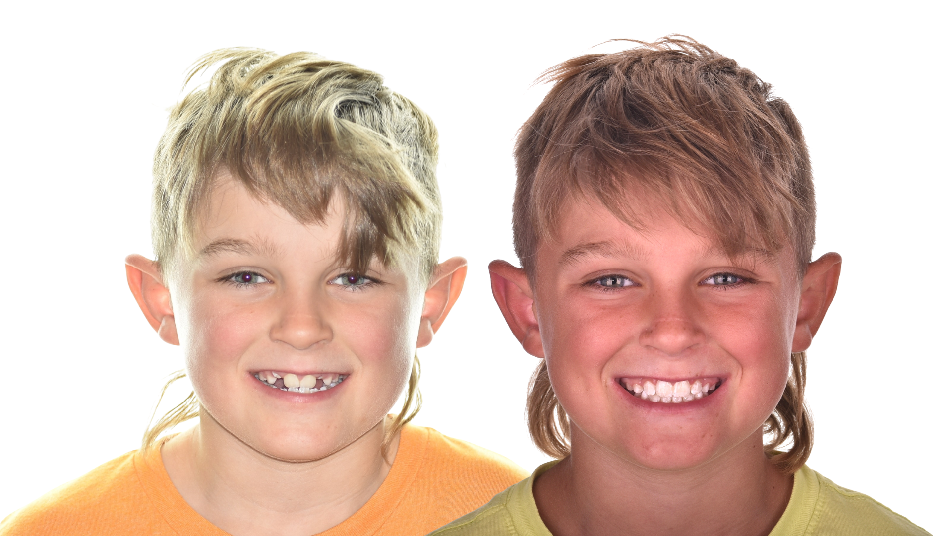 Two smiling children side by side against a white background, wearing orange tops.