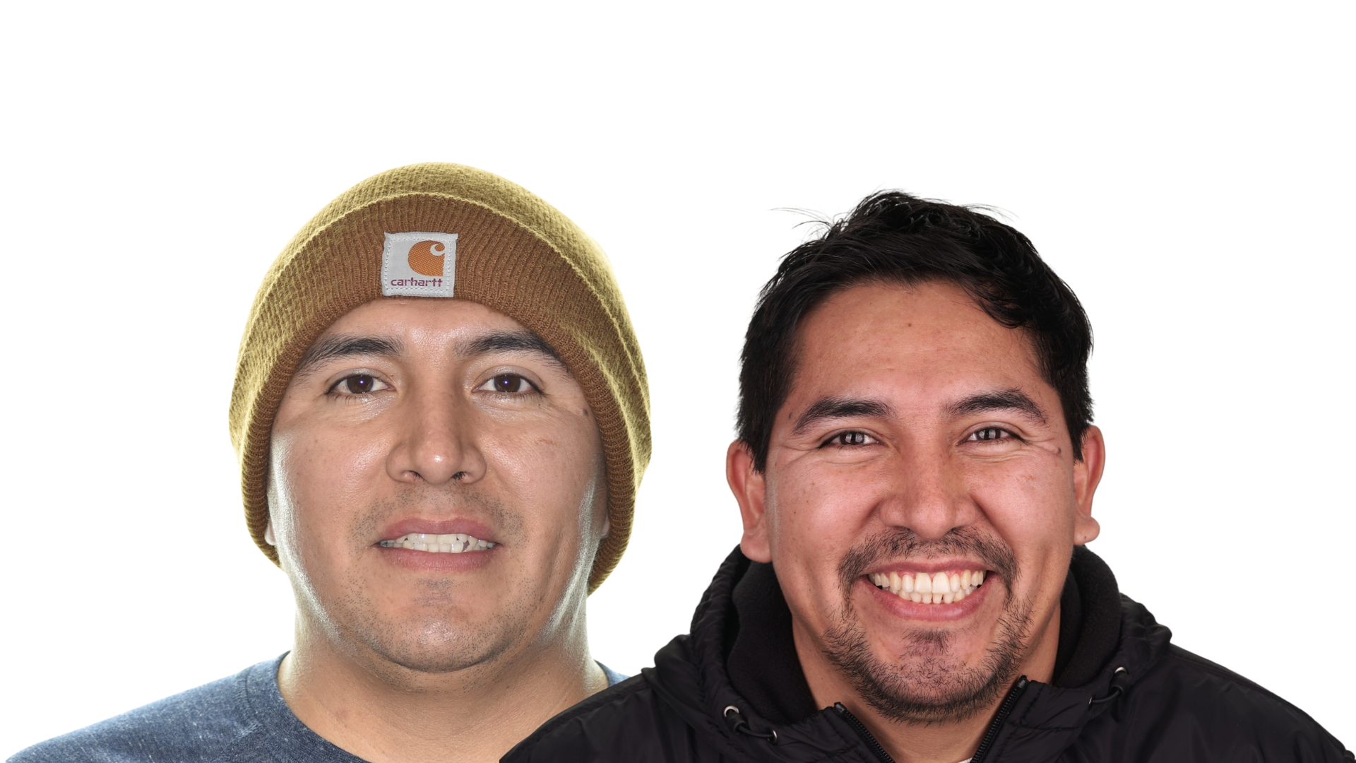 Two smiling men against a white background, one wearing a tan knit beanie and the other a black jacket.