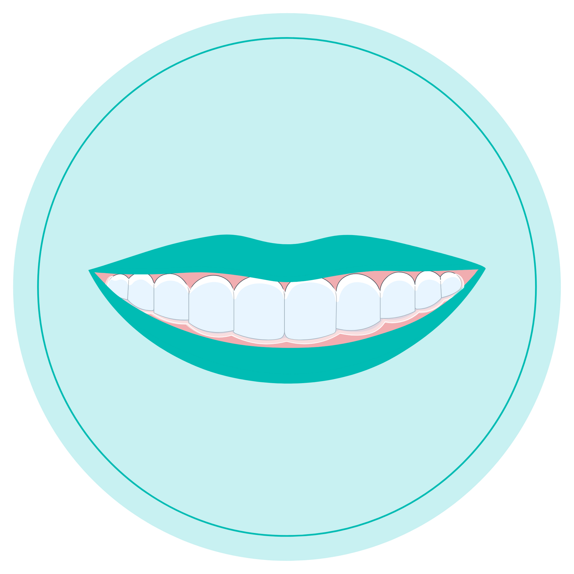 Stylized smiling mouth with white teeth on a light teal circular background