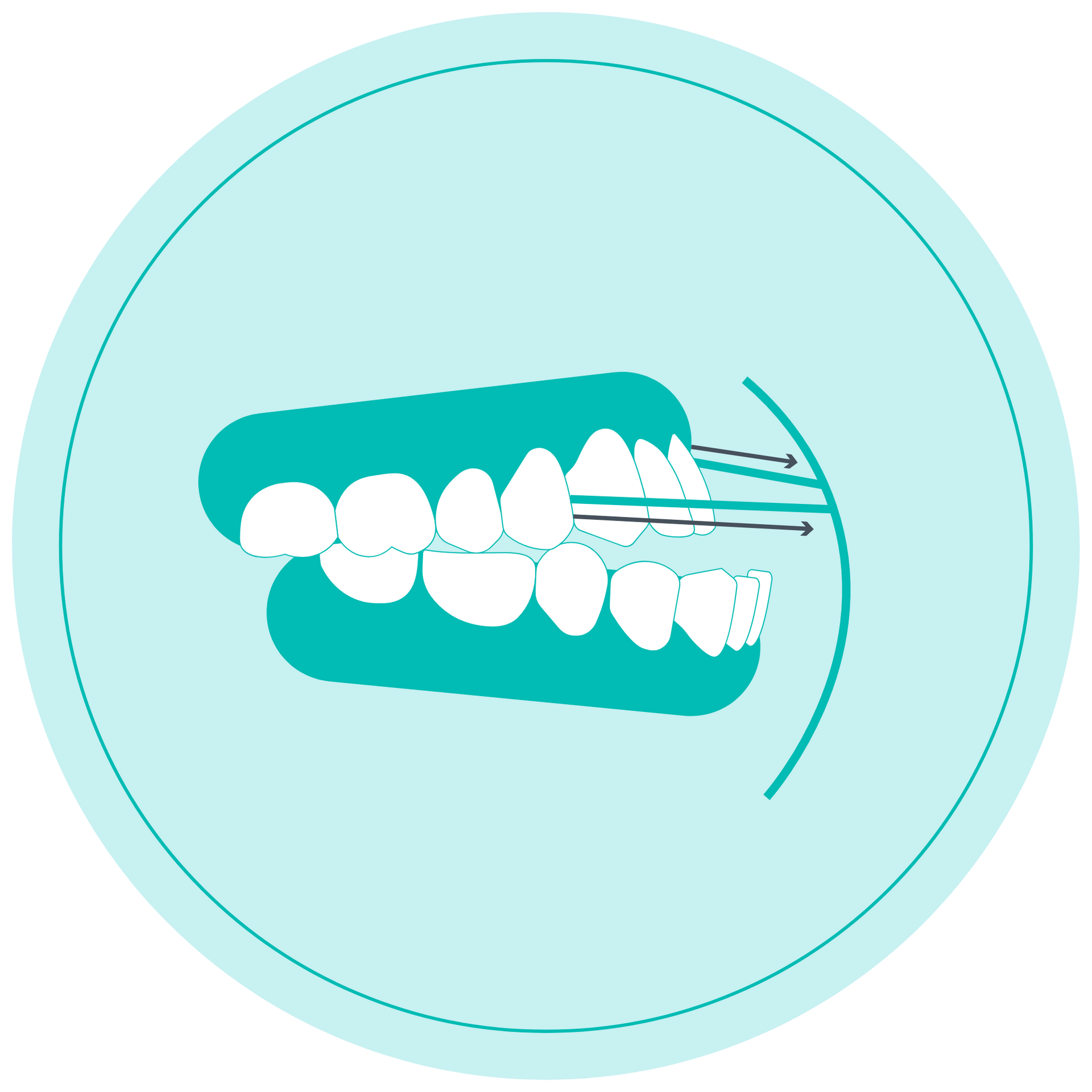 Teal logo showing dentures being adjusted with a dental tool inside a circle