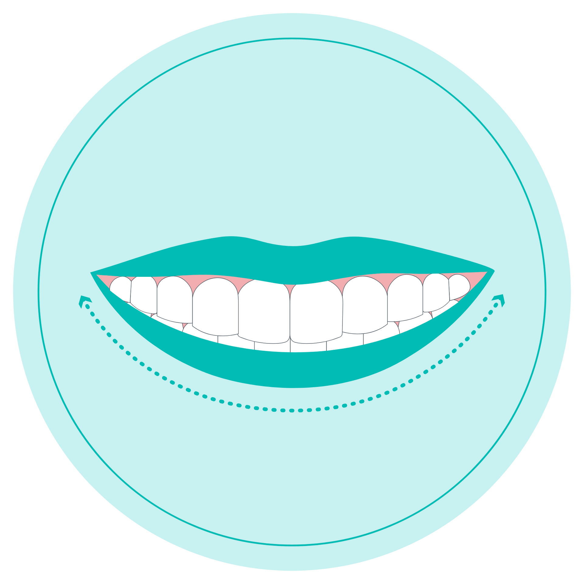 Teal circular icon showing a smiling mouth with white teeth and dotted lip outline