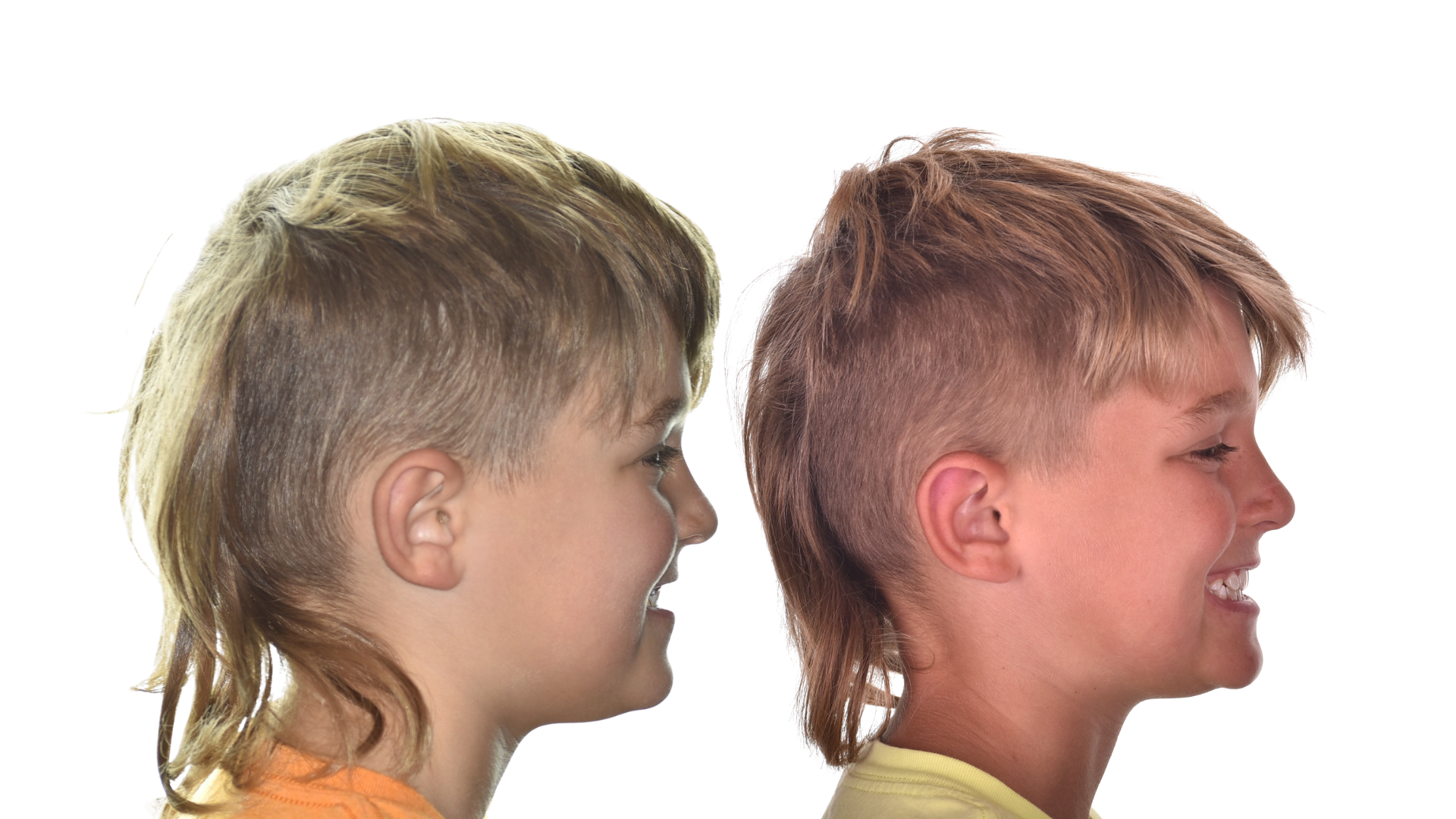 Side-by-side profile photos of the same child facing left, showing a blond and a reddish-haired appearance on a white background