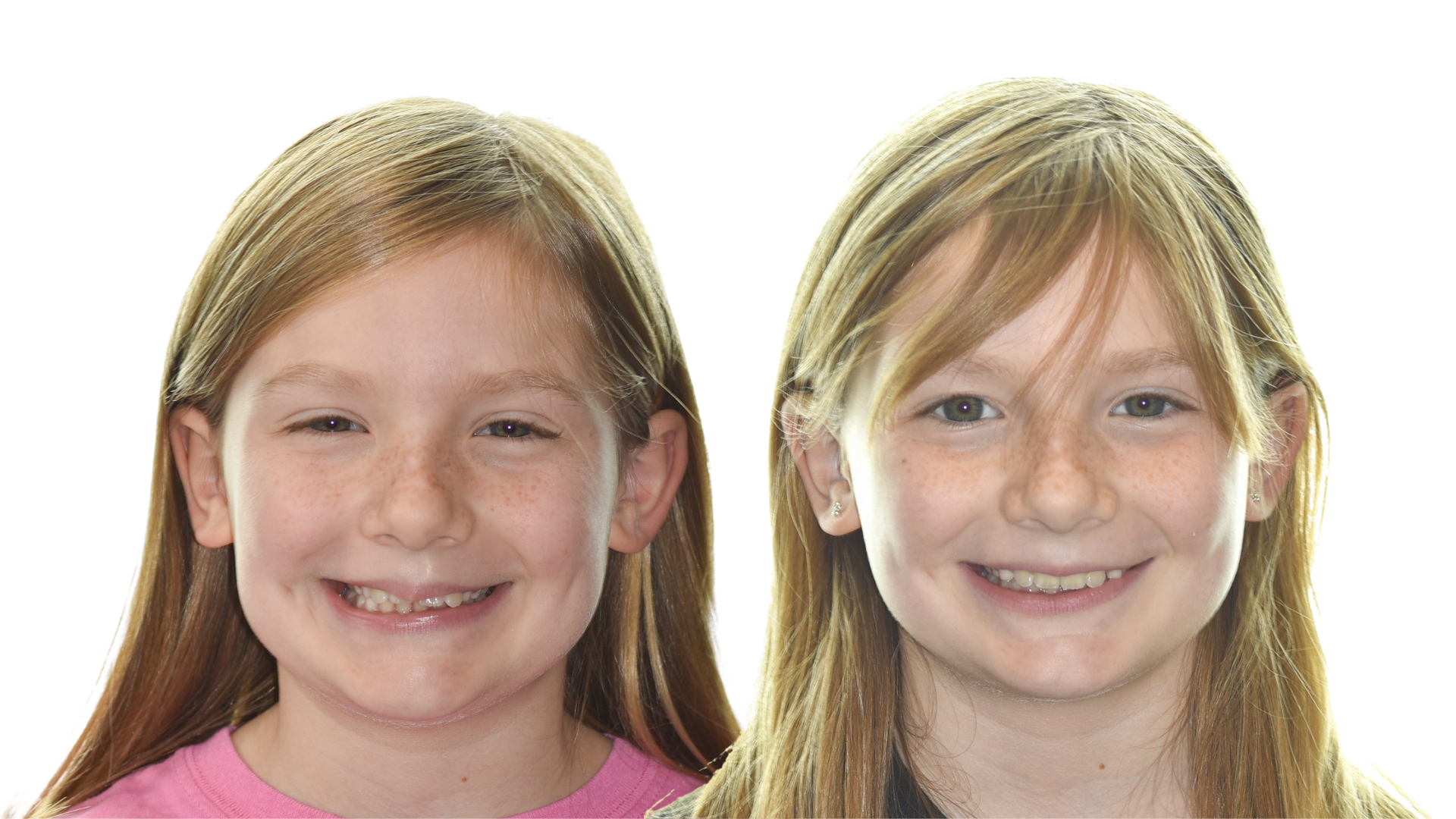 Two smiling children with blonde hair on a white background