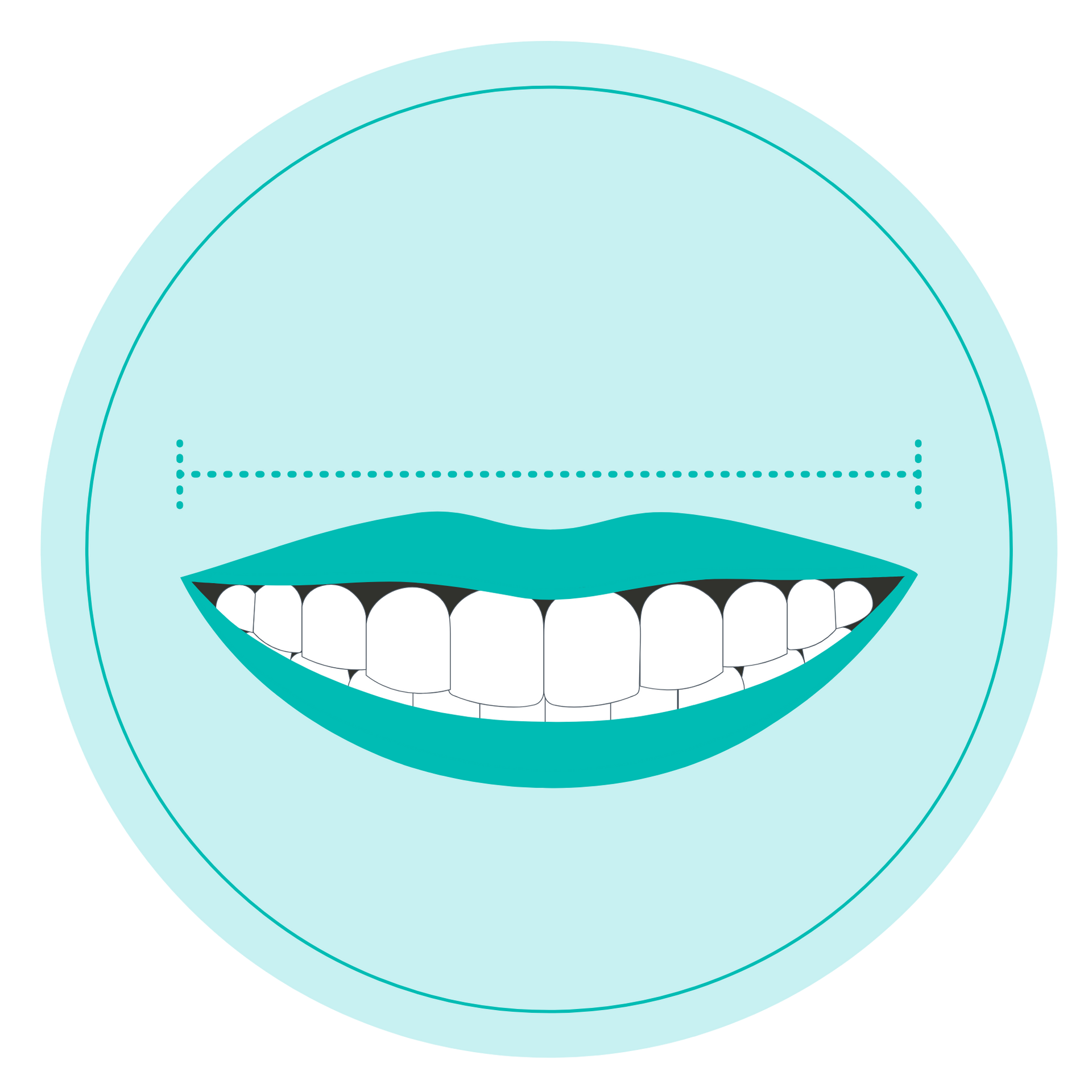 Stylized smiling mouth with white teeth inside a light teal circle icon